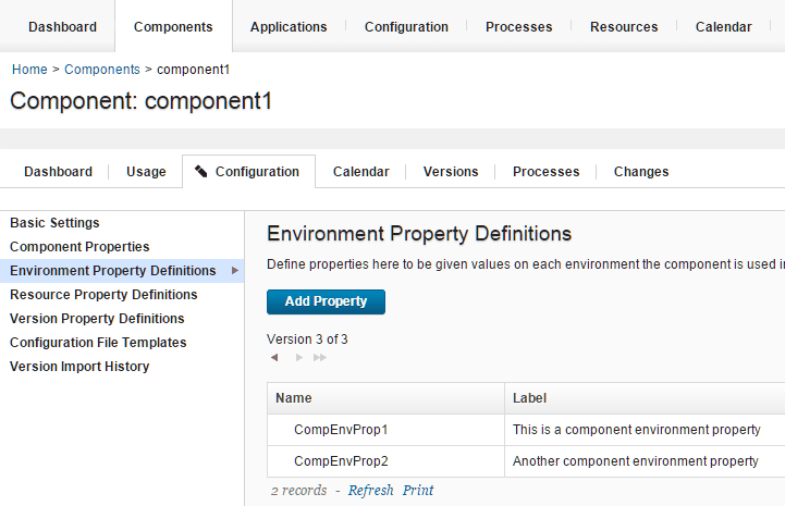 The Configuration tab for the component, showing two component environment properties