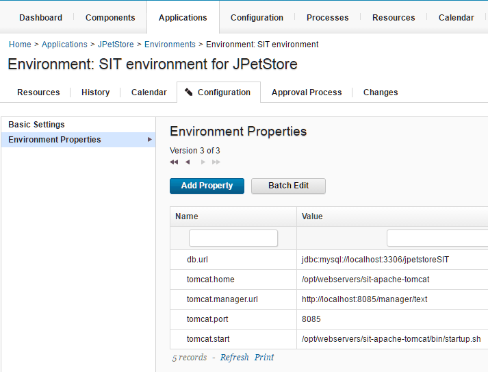 The Properties tab of an environment, showing several environment properties