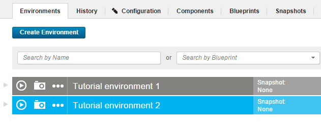 The Environments tab for the application, showing two environments