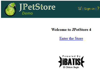 The home page of the JPetStore application, showing a link to enter the store