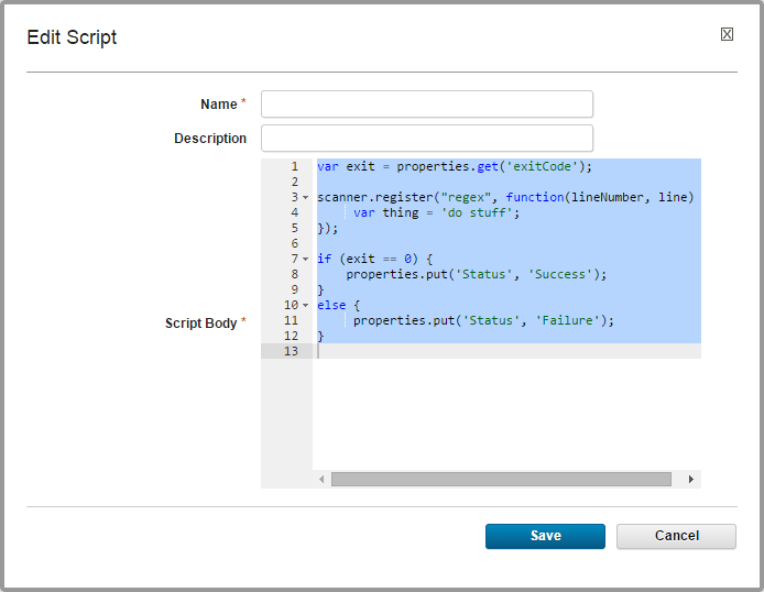 The Edit Script window, showing fields for the name and description of the script and for the content of the script