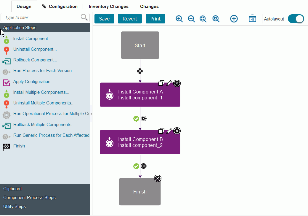 An example application process that uses the Install Component step twice to deploy two components
