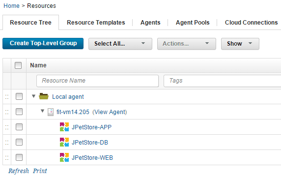 The resource tree, showing an agent resource and the components that are installed on that agent