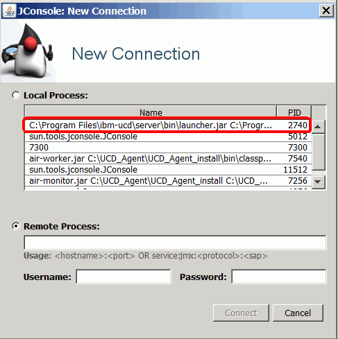 Connection menu for JConsole
