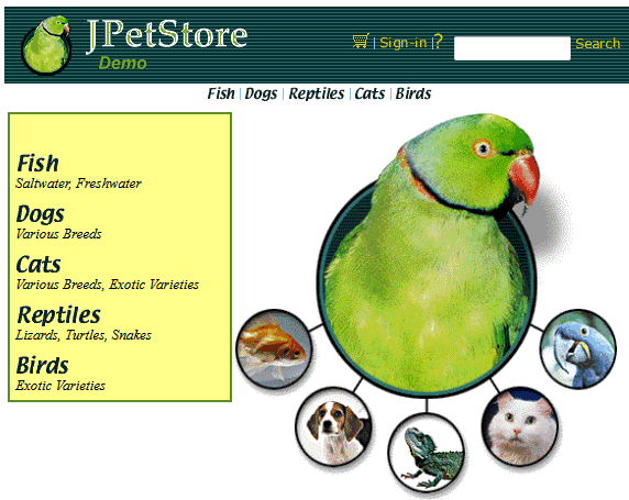 The main menu page of the JPetStore application