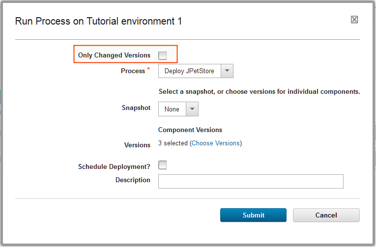 Clearing the Only Changed Versions check box so all of the components are deployed