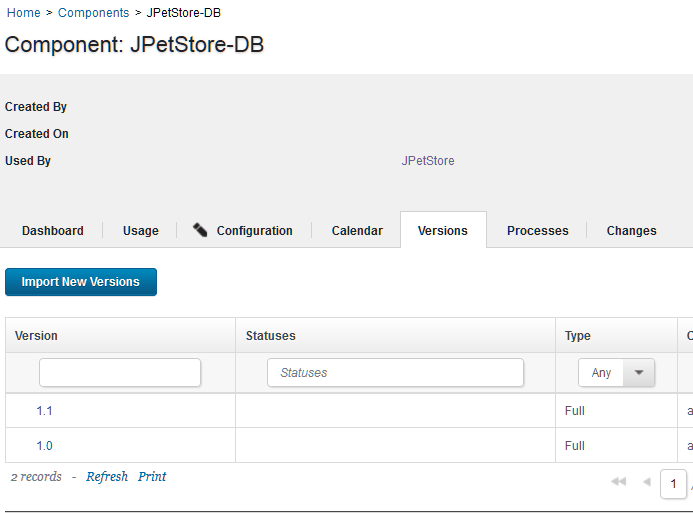 The Versions tab for the JPetStore-DB component, showing versions 1.0 and 1.1
